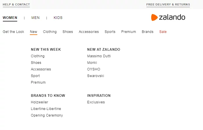 UX menu at Zalando