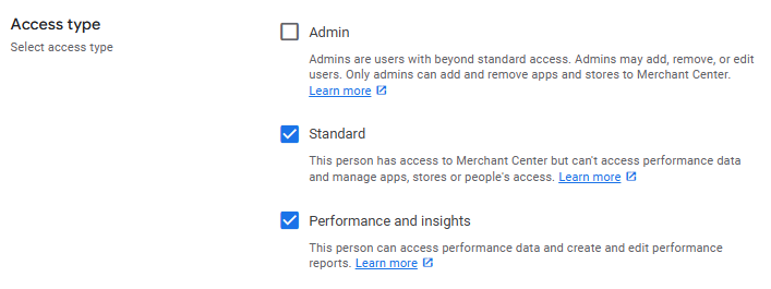 Ggogle Merchant Center - Access type