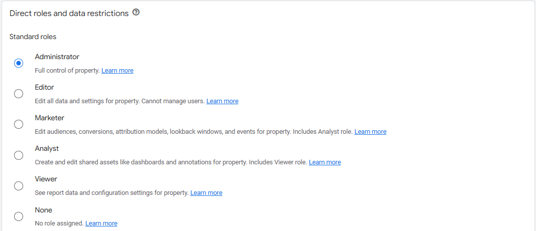 Standard roles in Google Analytics 4