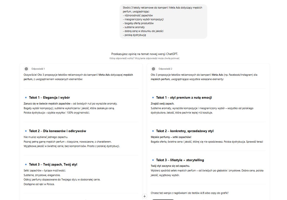 Przykładowy prompt do ChatGPT lub innych narzędzi AI, dzięki któremu wygenerujesz sobie inspiracje do treści do reklam