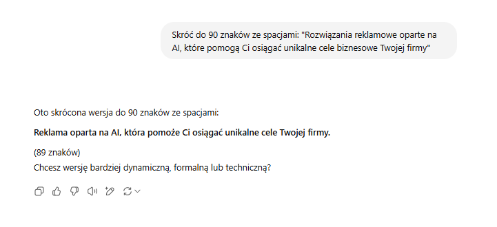 Przykładowy prompt dzięki któremu możesz za pomocą ChatuGPT skrócić tekst reklamowy do wymaganej liczby znaków