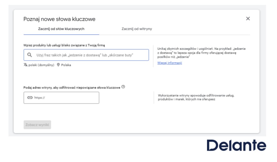 Planer Google Ads - raport "Poznaj nowe słowa kluczowe"