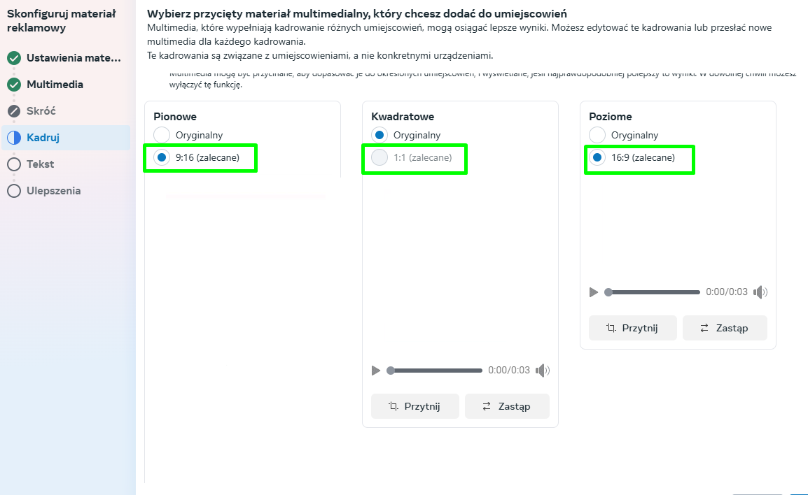 Screen z meta z formatami filmu do reklamy na Facebooka i Instagramie