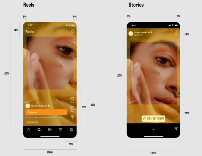 Screen pokazujący Safe zone w reklamach w formacie pionowym na Stories i Reels (Instagram)