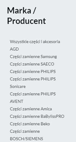 menu AGD Części z podziałem na marki i producentów