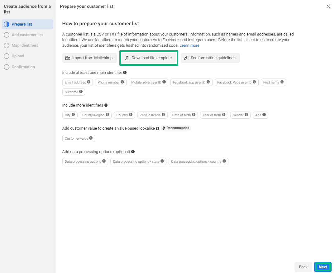 customer list template meta ads