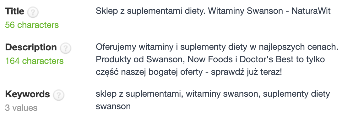 meta dane wymagające optymalizacji na stronie NaturaWit