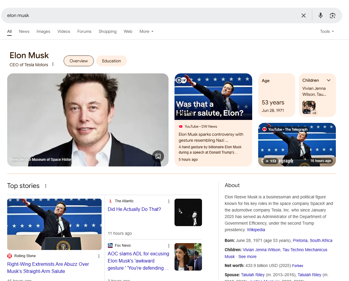 A screenshot from Google depicting how knowledge graphs lead to showing knowledge panels. The query is: "Elon Musk". The screen shot depicts detailed news about Musk, including his age, recent news, and a short bio.