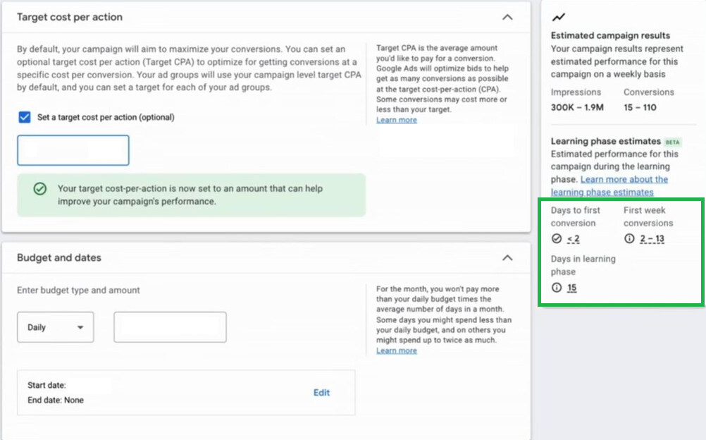 Learning phase estimates in Demand Gen