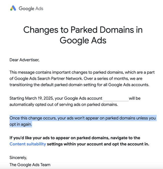 Changes to parked domains in Google Ads