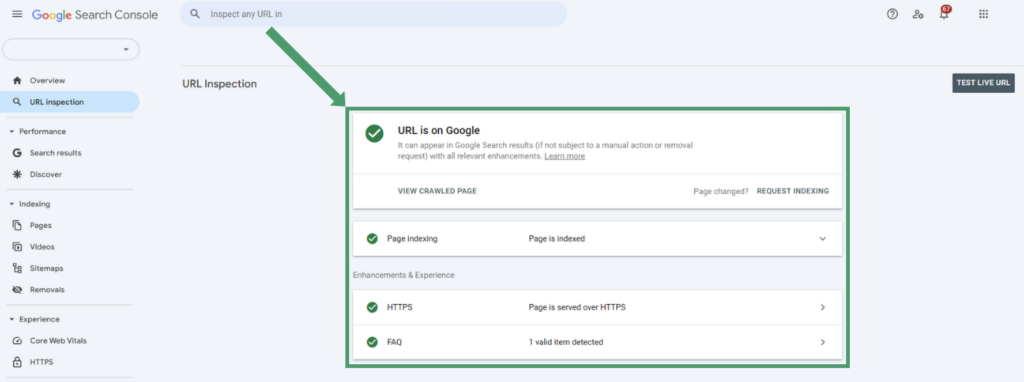 Checking whether an URL is indexed in Google Search Console.