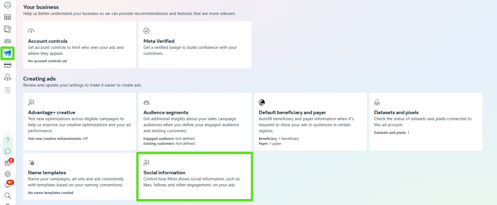 Social Information Tab in Meta Ad Settings