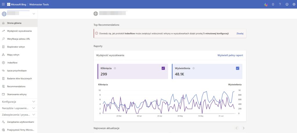 Ważny element SEO w Bing - Microsoft Bing Webmaster Tools. Podgląd panelu