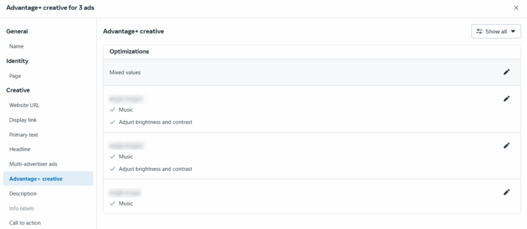 Bulk Editing of Advantage+ Creative Enhancements in Meta Ads