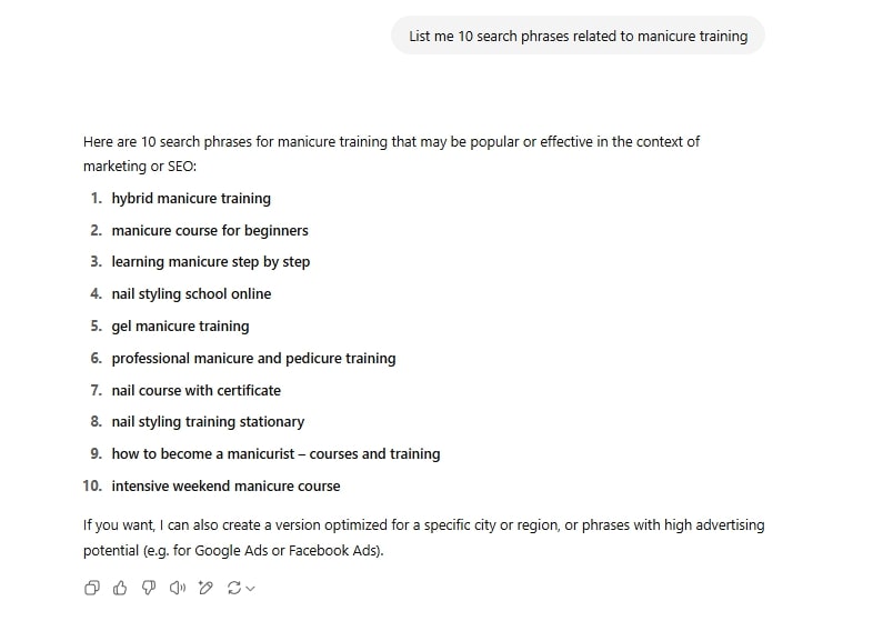 Generating an initial list of Keywords for Google Ads with Chat GPT