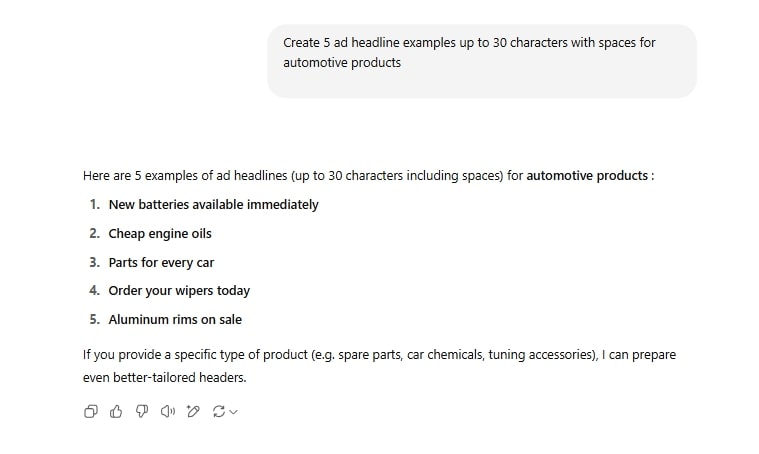 Generating inspiration for ad headlines in AI tool Chat GPT