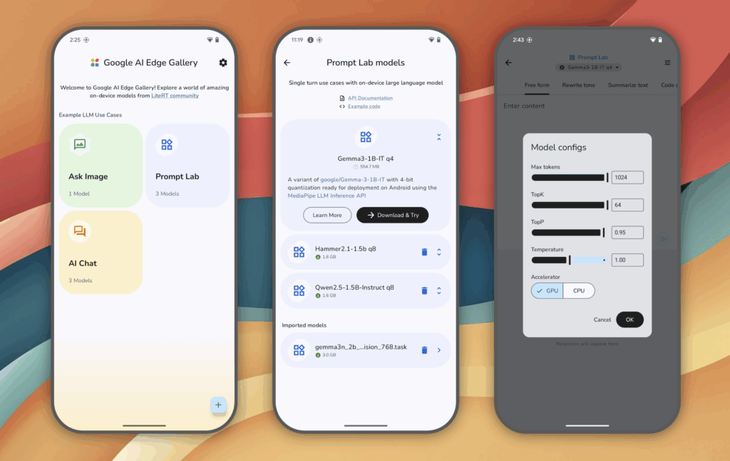 Sample functionalities of Google AI Edge Gallery.
