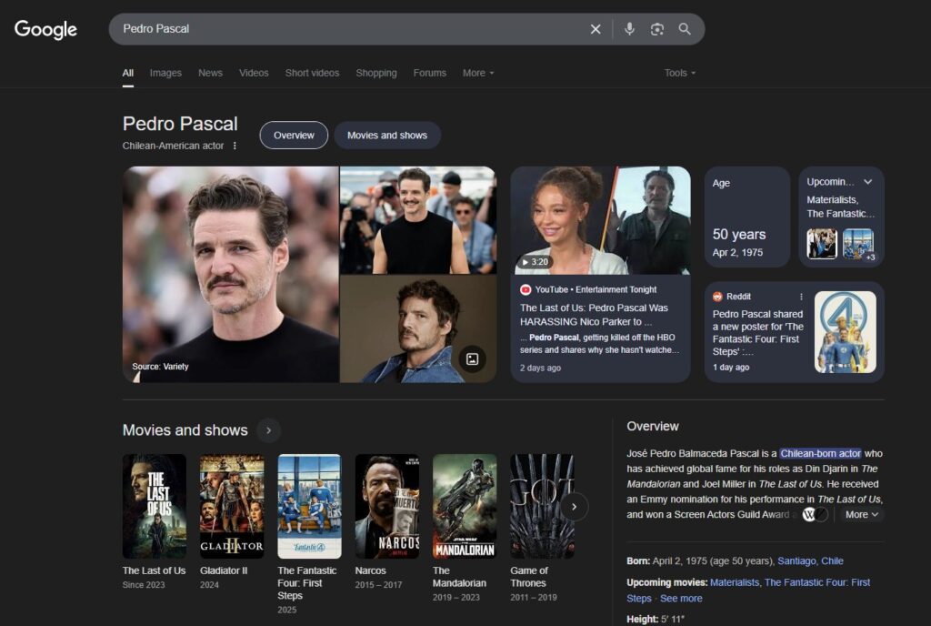 Knowledge Panel Example - Pedro Pascal