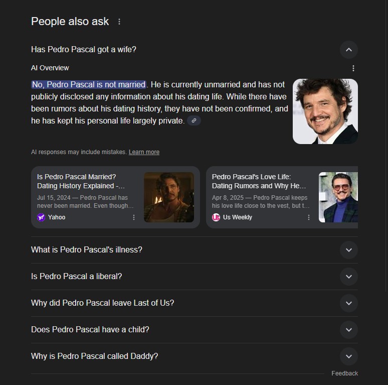 People Also Ask - Zero Click Searches Example - more Pedro Pascal