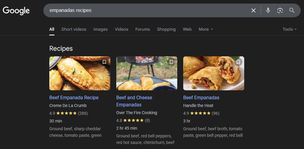 Recipe Snippets - Zero Click Searches Example