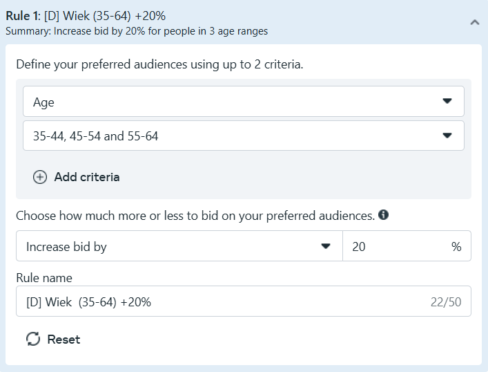 Value rules in Meta Ads Example
