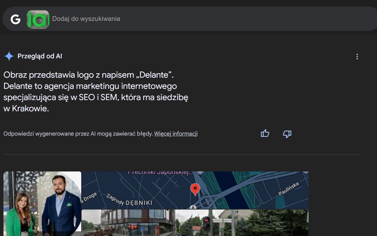 Visual Search - przykład wyników wyszukiwania Google Lens (Obiektywu Google) - rozpoznano logo agencji Delante.