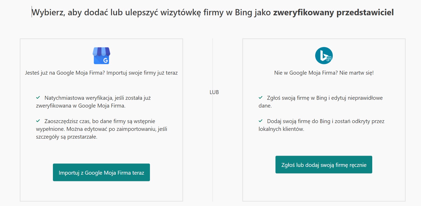 Screen pokazujący 2 krok zakładania konta na Bing Places - import danych z Google Moja Firma lub dodanie ręczne