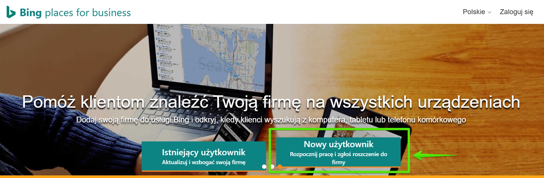 Screen z narzędzia Bing Places for Business pokazujący gdzie kliknąć aby się zarejestrować