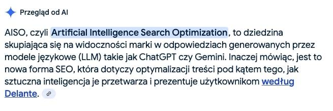 Odpowiedź w AI Overview od Google na zapytanie “AISO”