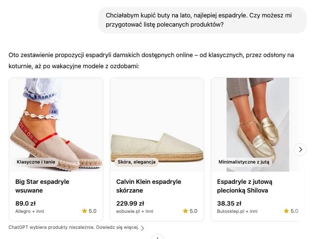 CHatGPT pokazujący produkty ze sklepów internetowych