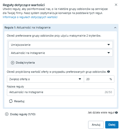 Reguły wartości dla umiejscowień w Meta Ads