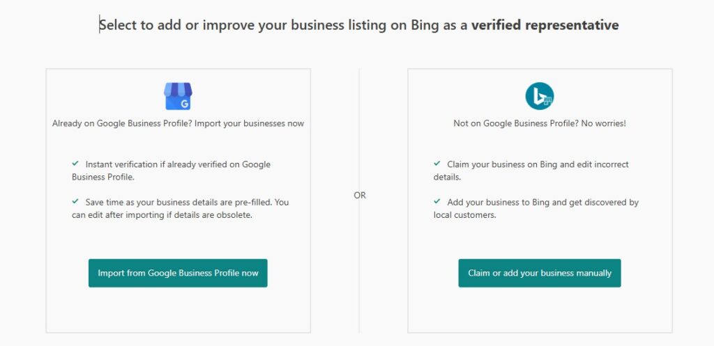 Select to add or improve your business listing on Bing as a verified representative - screenshot from Bing Places for business