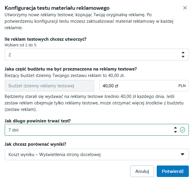 Panel testowania kreacji w Meta Ads
