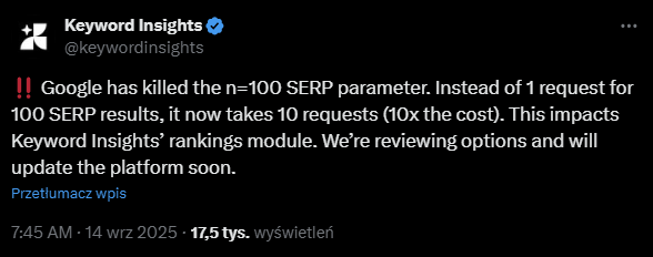 Keyword Insights on disabling the &num=100 parameter