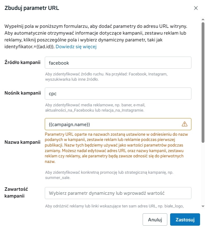 Budowanie parametrów URL w Meta Ads