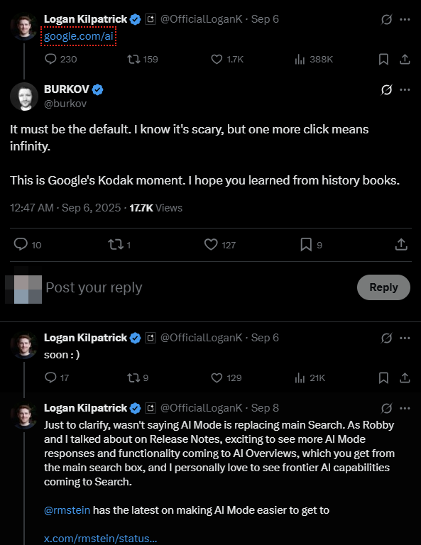 Logan Kilpatrick on X about AI Mode