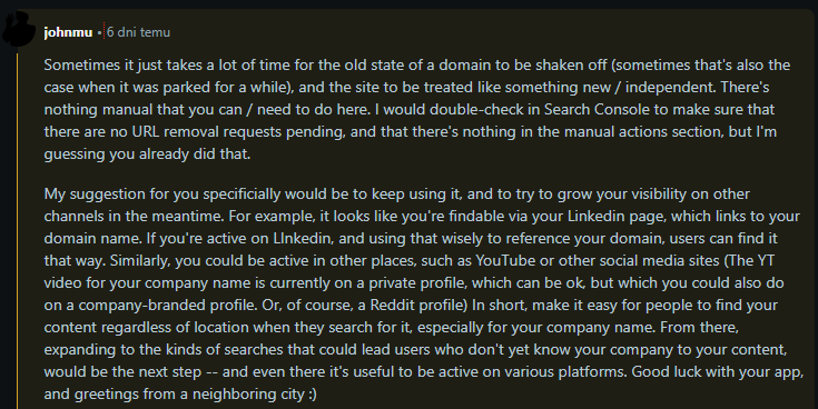 John Mueller's response regarding new sites on old domains