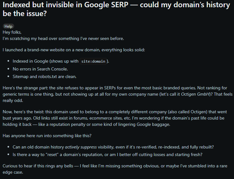 visibility issue of a site on an old domain