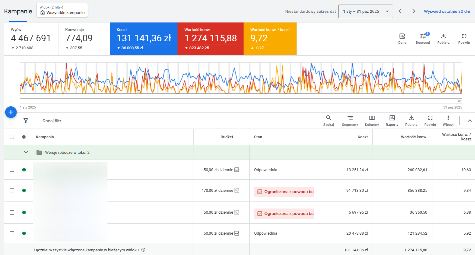 Zrzut ekranu panelu Google Ads