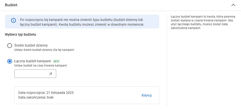 Budżet całkowity kampanii w Google Ads