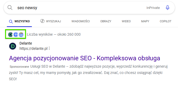 Favicony jako linki w wynikach wyszukiwania w Bing