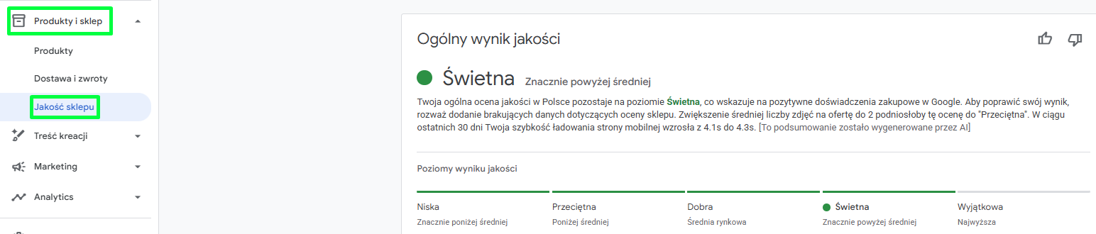 Nowa sekcja jakości sklepu generowana przez AI w Google Merchant Center