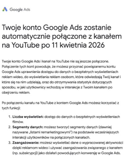 Informacja od Google odnośnie łączenia kanału Youtube z Google Ads.