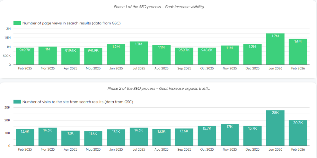 Growth in visibility and traffic in the Iguana store according to Google Search Console data