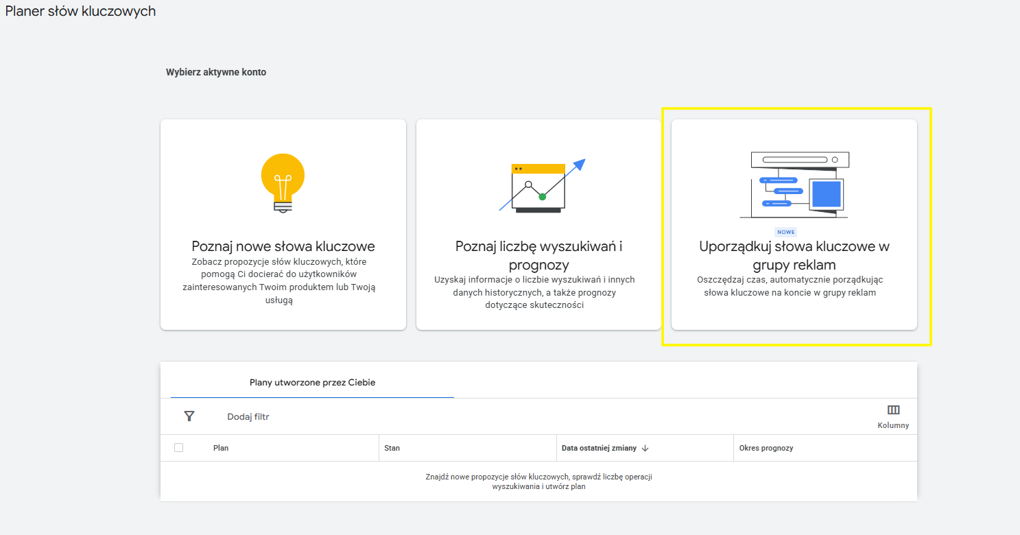 Nowa funkcja planera słów kluczowych Google Ads.