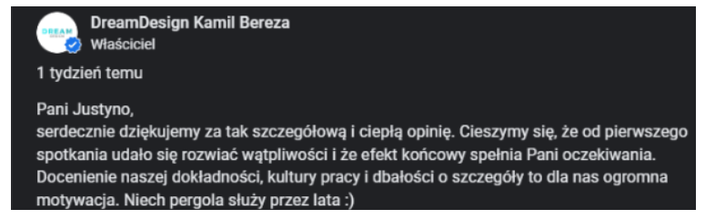 Profilu Firmy Google przedstawiający podziękowanie od właściciela firmy DreamDesign Kamil Bereza za pozytywną opinię klientki.